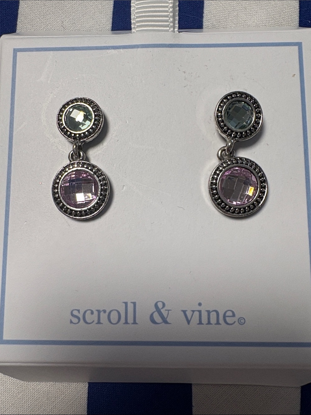 Silver Double Drop Earrings with Pink and Pale Green Crystals